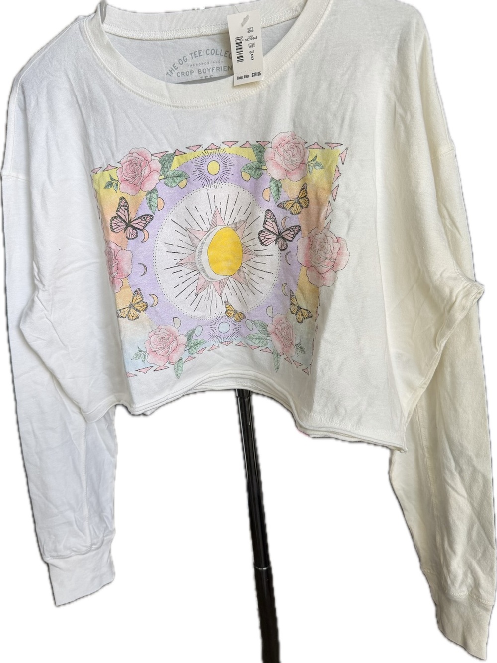 White Cropped Graphic Boyfriend Tee- Pastel Sun & Floral